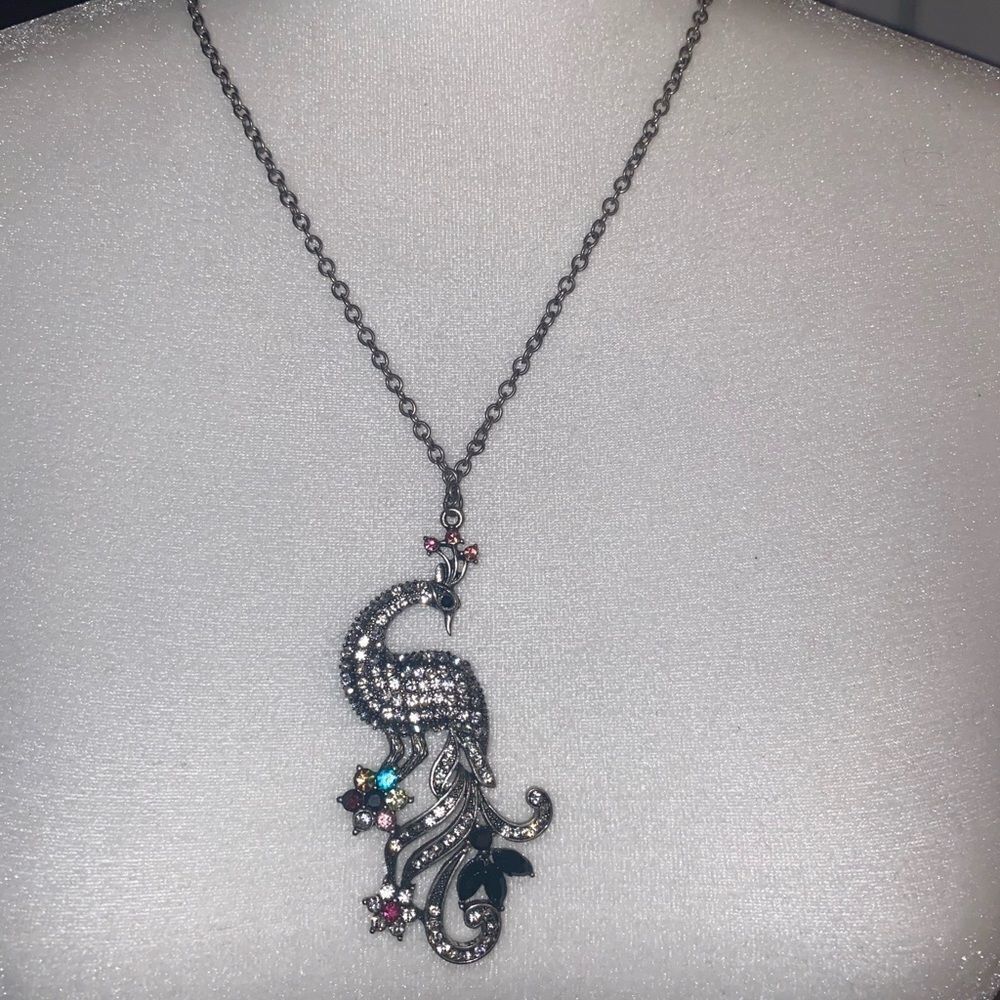 4/$20 Rhinestone Embellished Peacock Pendant with Silver Chain